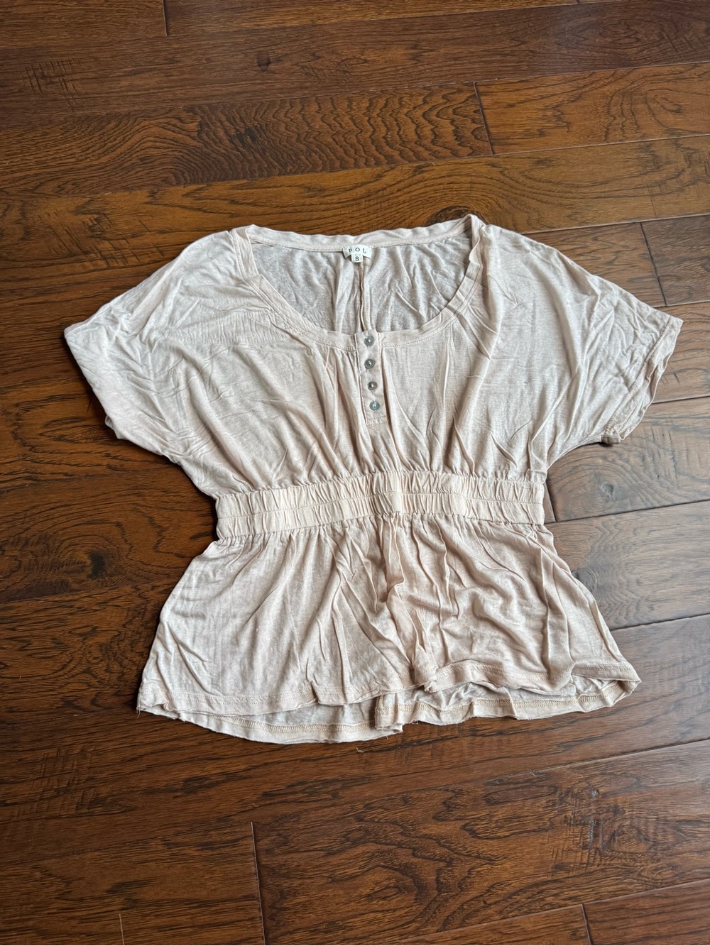 POL Women's Cream Short-Sleeve Smocked Waist Henley Top